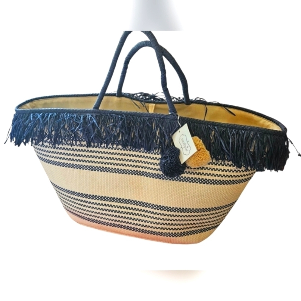 MUDPIE Fringe Straw Tote Navy Stripe. NWT